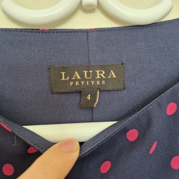 Laura Women's Feminine Navy & Pink Poka Dot Ruffle Asymmetrical Dress Size 4/S - Picture 7 of 9